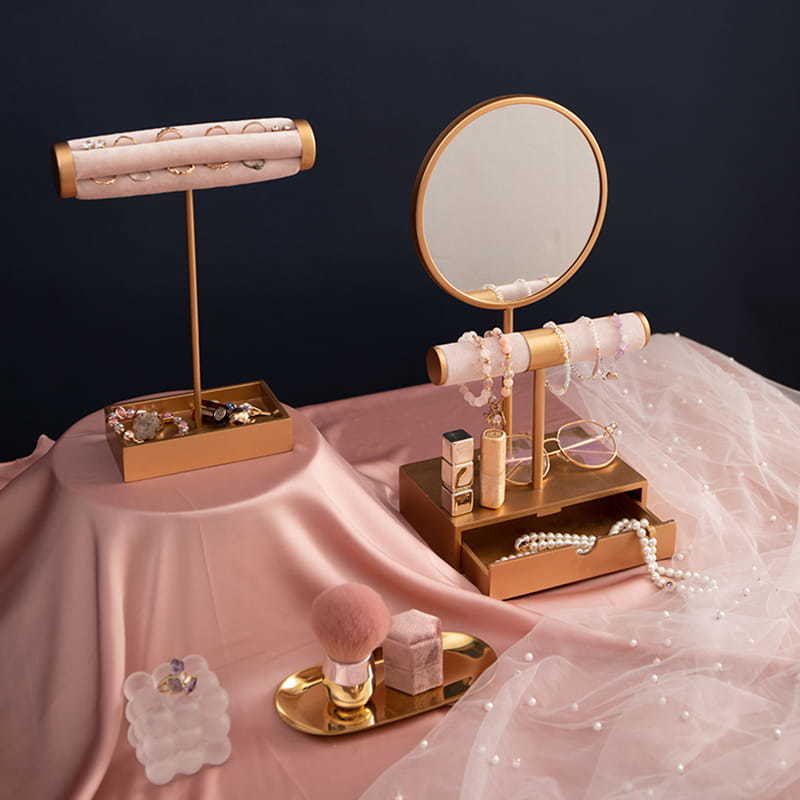 Home Decor Fashion Vintage Round Makeup Cosmetic Vanity Mirror With Jewelry Storage Box Pink T-Shaped Bracelet Holder