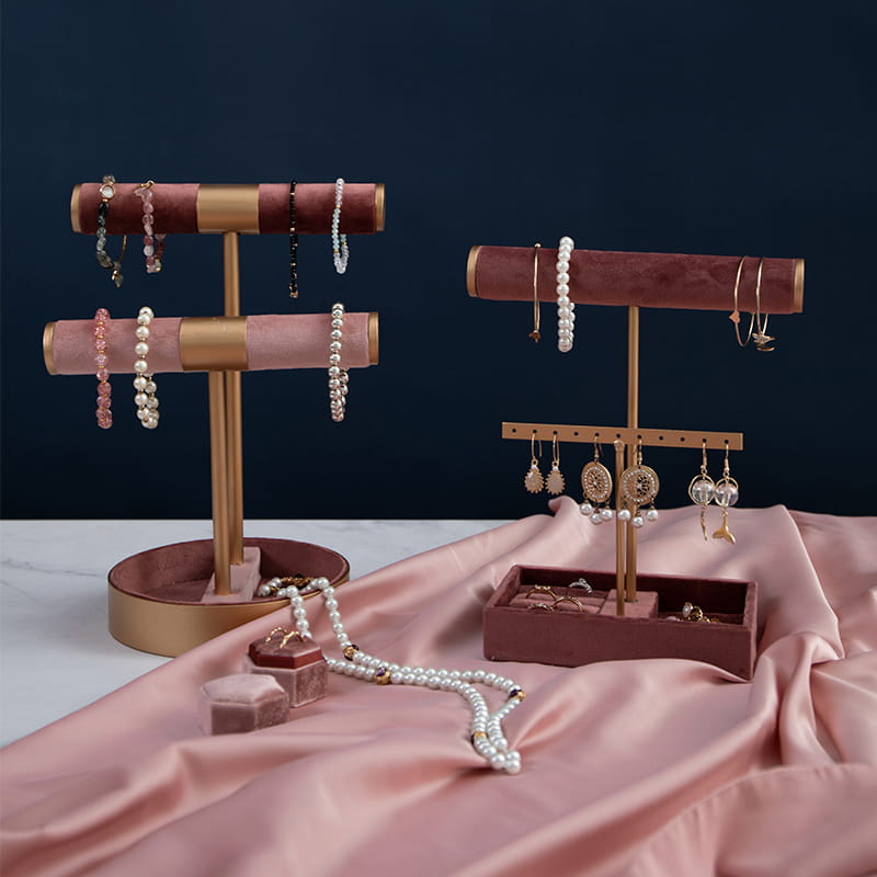 Simple style Jewelry Display Holder Velvet T bar Watch Bracelet Display Holder With Storage Tray