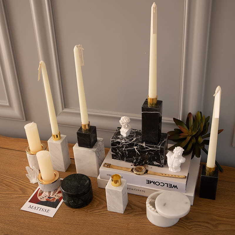 Home Decor White Black Marble Candle Holder Geometric Pillar Marble Handicraft Tabletop Candle Holder with Brass Accents