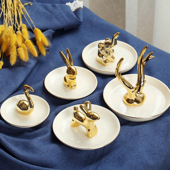 Golden Animal Wedding decorative custom ring trinket tray white ceramic trinket dish